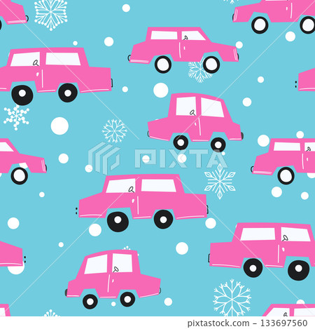 Seamless pattern with cute car on color background. Cartoot transport. Vector illustration. Doodle style. Design for baby print, invitation, poster, card, fabric, textile Seamless pattern with cute car on color background. Cartoot transport. Vector illustration. Doodle style. Design for baby print, invitation, poster, card, fabric, textile 133697560