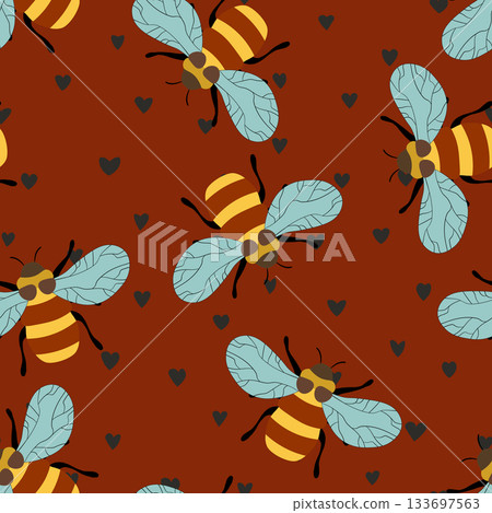 Seamless pattern with bees on color background. Small wasp. Vector illustration. Adorable cartoon character. Template design for invitation, cards, textile, fabric. Doodle style Seamless pattern with bees on color background. Small wasp. Vector illustration. Adorable cartoon character. Template design for invitation, cards, textile, fabric. Doodle style 133697563