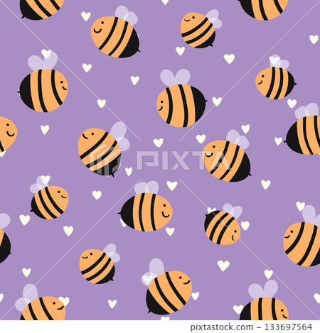 Seamless pattern with bees on color background. Small wasp. Vector illustration. Adorable cartoon character. Template design for invitation, cards, textile, fabric. Doodle style Seamless pattern with bees on color background. Small wasp. Vector illustration. Adorable cartoon character. Template design for invitation, cards, textile, fabric. Doodle style 133697564
