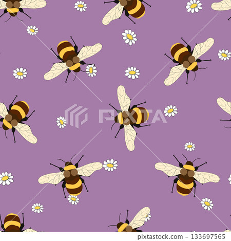 Seamless pattern with bees on floral background. Small wasp. Vector illustration. Adorable cartoon character. Template design for invitation, cards, textile, fabric. Doodle style Seamless pattern with bees on floral background. Small wasp. Vector illustration. Adorable cartoon character. Template design for invitation, cards, textile, fabric. Doodle style 133697565