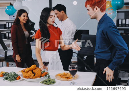 Diversity, dinner and group of people toast celebration together at party. Friends, happy and celebrate with food, wine and friendship for love, support and cheers champagne at business function 133697693