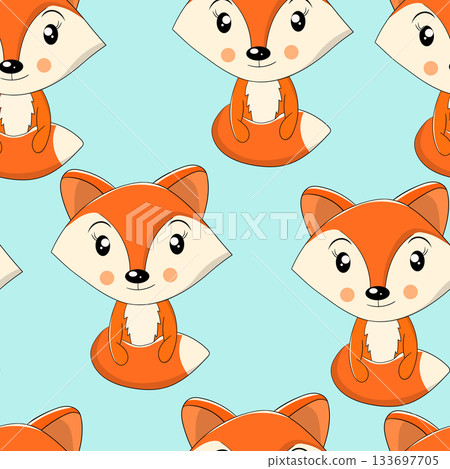 Seamless pattern with cute fox baby on color background. Funny forest animals. Card, postcards for kids. Flat vector illustration for fabric, textile, wallpaper, poster, paper 133697705