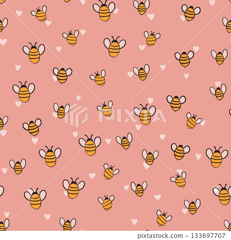 Seamless pattern with bees on color background. Small wasp. Vector illustration. Adorable cartoon character. Template design for invitation, cards, textile, fabric. Doodle style Seamless pattern with bees on color background. Small wasp. Vector illustration. Adorable cartoon character. Template design for invitation, cards, textile, fabric. Doodle style 133697707
