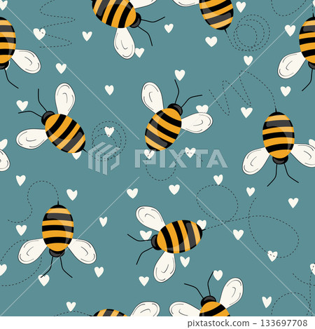 Seamless pattern with bees on color background. Small wasp. Vector illustration. Adorable cartoon character. Template design for invitation, cards, textile, fabric. Doodle style Seamless pattern with bees on color background. Small wasp. Vector illustration. Adorable cartoon character. Template design for invitation, cards, textile, fabric. Doodle style 133697708