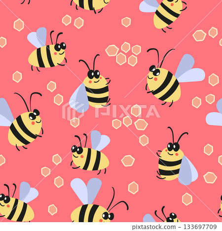 Seamless pattern with bees on color background. Small wasp. Vector illustration. Adorable cartoon character. Template design for invitation, cards, textile, fabric. Doodle style Seamless pattern with bees on color background. Small wasp. Vector illustration. Adorable cartoon character. Template design for invitation, cards, textile, fabric. Doodle style 133697709