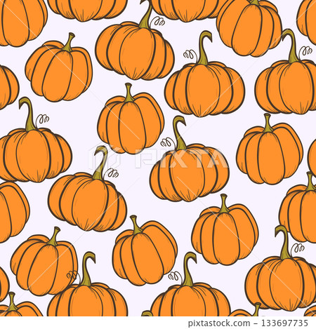 Seamless pattern with pumpkins on color background. Vector hand drawn sketched pumpkin. Autumn illustration for holidays, Halloween. Various food items in doodle style 133697735