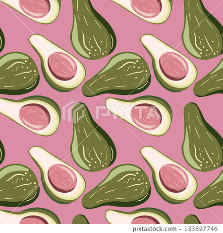 Cute avocado isolated on color background. Avocados with leaves and slice. Natural delicious fresh ripe tasty summer fruit. Vector illustration for packaging, card, other design. Food concept Cute avocado isolated on color background. Avocados with leaves and slice. Natural delicious fresh ripe tasty summer fruit. Vector illustration for packaging, card, other design. Food concept 133697746