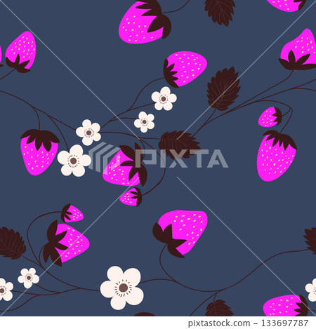 Seamless pattern with strawberry on color background. Natural delicious fresh ripe tasty fruit. Vector illustration for print, fabric, textile, banner, other design. Food concept. Seamless pattern with strawberry on color background. Natural delicious fresh ripe tasty fruit. Vector illustration for print, fabric, textile, banner, other design. Food concept. 133697787