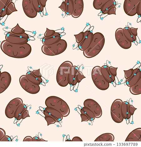 Seamless pattern with kawaii poop on white background. Cartoon poo, feces icons. Shit patterns, evil turd. Vector illustration for invitation, poster, card, fabric, textile. Doodle style 133697789