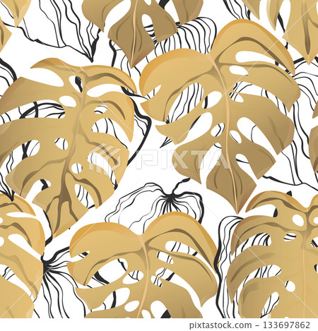Floral seamless with hand drawn color exotic monstera leaves. Cute summer background. Tropic branches. Modern floral compositions. Fashion vector illustration for wallpaper, fabric, textile 133697862