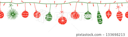 Header seamless pattern for Christmas and New Year festival with cute doodle string lights and ornaments in silhouette red and green color tones on a transparent background. 133698213