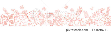 Horizontal seamless pattern for Christmas and New Year festival with cute gifts and festive decorations in red outline on a transparent background. Horizontal seamless pattern for Christmas and New Year festival with cute gifts and festive decorations in red outline on a transparent background. 133698219