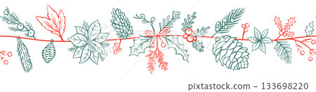 Horizontal seamless pattern for Christmas and New Year festival with cute garland and festive decorations in red and green outline on a transparent background. 133698220