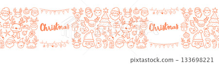 Horizontal seamless pattern for Christmas and New Year festival with cute Santa Claus, reindeers and festive elements in pastel red outlines on a transparent background. Horizontal seamless pattern for Christmas and New Year festival with cute Santa Claus, reindeers and festive elements in pastel red outlines on a transparent background. 133698221
