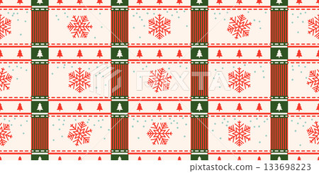 Seamless pattern for Christmas and New Year festival with snowflakes and Christmas trees in red and green color tones. Seamless pattern for Christmas and New Year festival with snowflakes and Christmas trees in red and green color tones. 133698223