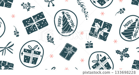 Seamless pattern for Christmas and New Year festival with cute gifts, text, and various festive elements in dark blue and red color tones on a transparent background. Seamless pattern for Christmas and New Year festival with cute gifts, text, and various festive elements in dark blue and red color tones on a transparent background. 133698228