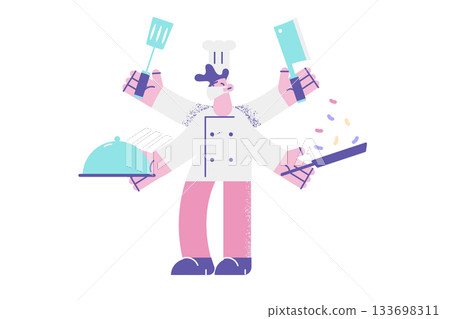 Multi tasking and working as chef concept Multi tasking and working as chef concept 133698311