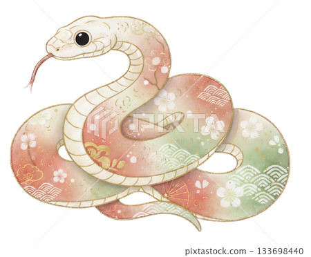 水彩蛇插畫，飾以日式圖案和金箔 133698440