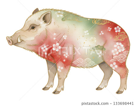 一幅水彩風格的野豬插畫，飾以日式圖案和金箔。 133698441