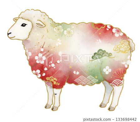 水彩綿羊插畫，飾以日式圖案和金箔裝飾 133698442