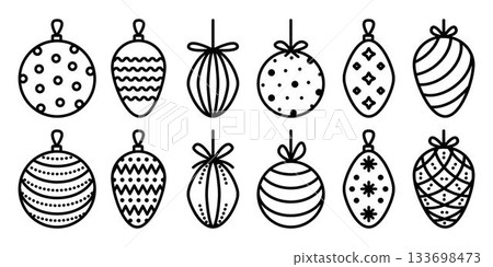 Black line Christmas tree toys icon set. Various winter decorations for firs, spruces and pines. Monochrome decorative signs for coniferous trees. Coloring page, festive vector cliparts 133698473