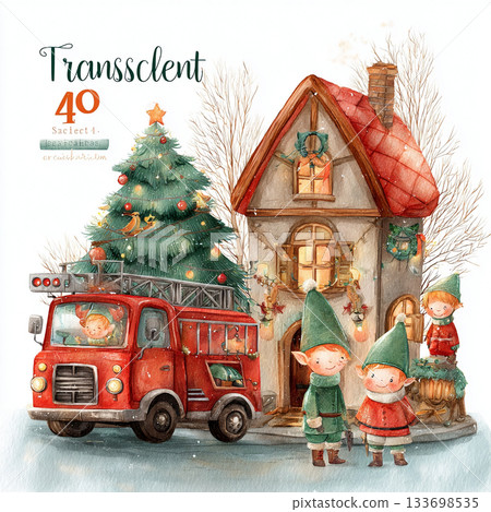 Charming Christmas Illustrations Featuring Elves Santa Animals Trucks and Festive Decor 133698535