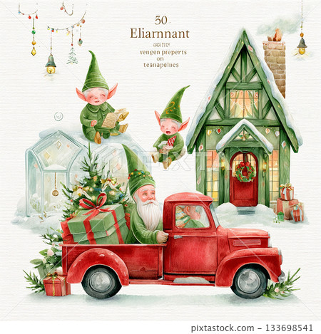 Charming Christmas Illustrations Featuring Elves Santa Animals Trucks and Festive Decor Charming Christmas Illustrations Featuring Elves Santa Animals Trucks and Festive Decor 133698541