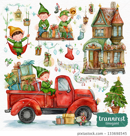 Charming Christmas Illustrations Featuring Elves Santa Animals Trucks and Festive Decor 133698545