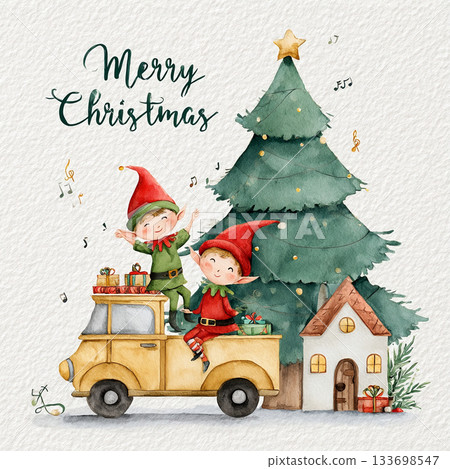 Charming Christmas Illustrations Featuring Elves Santa Animals Trucks and Festive Decor Charming Christmas Illustrations Featuring Elves Santa Animals Trucks and Festive Decor 133698547