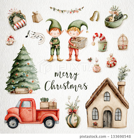 Charming Christmas Illustrations Featuring Elves Santa Animals Trucks and Festive Decor Charming Christmas Illustrations Featuring Elves Santa Animals Trucks and Festive Decor 133698548