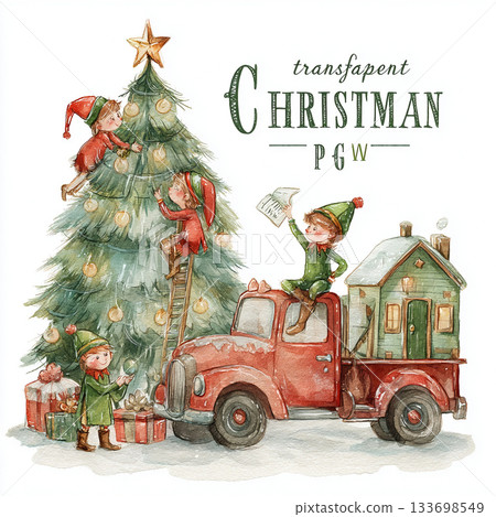 Charming Christmas Illustrations Featuring Elves Santa Animals Trucks and Festive Decor 133698549