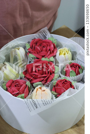 Marshmallow flowers in a hat box, marshmallow tulips and roses, homemade marshmallow.  133698650