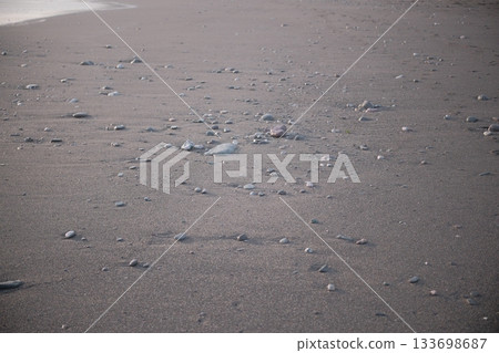 Smooth pebbles on a sandy shoreline, partially submerged in shallow water. The central pebble is distinctly larger, rounded, and grey, surrounded by smaller stones of various colors including muted re 133698687