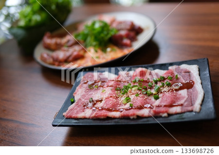 Thinly Sliced Raw Beef with Chopped Sand Ginger Thinly Sliced Raw Beef with Chopped Sand Ginger 133698726