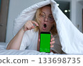 green screen for chroma key advertising Shocked lady staring at smartphone with open mouth. Middle-aged woman reading surprising message on phone, amazing news at night 133698735