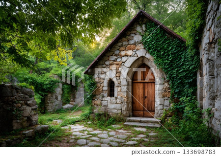 Stone chapel house with ivy and rustic ruins 133698783
