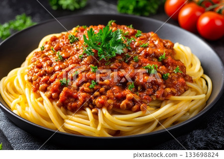 Spaghetti pasta with vegan lentil bolognese sauce 133698824