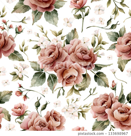Roses with leaves seamless pattern on white background. Dusty pink garden Victorian flower. Watercolor hand painted floral illustration for wedding design home textile fabric cosmetic package wrapping 133698967