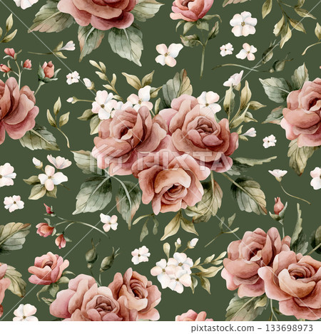 Roses with leaves seamless pattern on green background. Dusty pink garden Victorian flower. Watercolor hand painted floral illustration for wedding design home textile fabric cosmetic package wrapping 133698973
