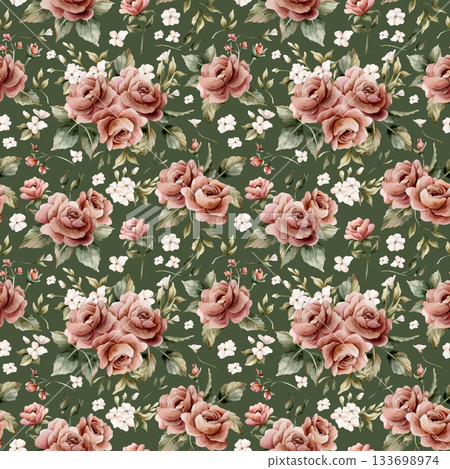 Roses with leaves seamless pattern on green background. Dusty pink garden Victorian flower. Watercolor hand painted floral illustration for wedding design home textile fabric cosmetic package wrapping Roses with leaves seamless pattern on green background. Dusty pink garden Victorian flower. Watercolor hand painted floral illustration for wedding design home textile fabric cosmetic package wrapping 133698974