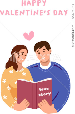 A cozy couple in love reading a book together for Valentine Day. A cozy couple in love reading a book together for Valentine Day. 133698985