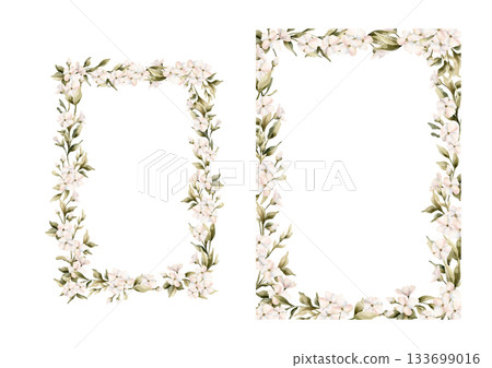 White small flowers frames set. Jasmine, orange, apple blossom. Watercolor hand painted cute floral isolated illustration for wedding design, home textile, porcelain crockery, cosmetic package 133699016