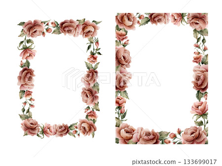 Rose flower frames set. Dusty pink garden flowers floral arrangement. Watercolor hand painted floral isolated illustration for wedding design, home textile, porcelain crockery, cosmetic package labels Rose flower frames set. Dusty pink garden flowers floral arrangement. Watercolor hand painted floral isolated illustration for wedding design, home textile, porcelain crockery, cosmetic package labels 133699017