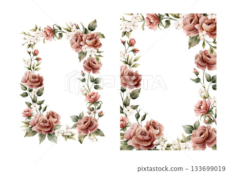 Rose flower frames set. Pink garden flower rectangular arrangement. Watercolor hand painted floral isolated illustration for wedding design greeting card invitation home textile cosmetic package label Rose flower frames set. Pink garden flower rectangular arrangement. Watercolor hand painted floral isolated illustration for wedding design greeting card invitation home textile cosmetic package label 133699019