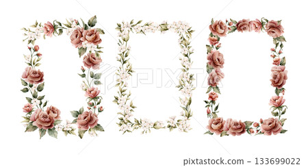 Rose flowers frames set. Dusty pink garden flowers rectangular arrangements. Watercolor hand painted floral isolated illustration for wedding design greeting card invitation cosmetic package label Rose flowers frames set. Dusty pink garden flowers rectangular arrangements. Watercolor hand painted floral isolated illustration for wedding design greeting card invitation cosmetic package label 133699022