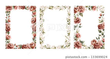 Rose flowers frames set. Dusty pink garden flowers rectangular arrangements. Watercolor hand painted floral isolated illustration for wedding design greeting card invitation cosmetic package label Rose flowers frames set. Dusty pink garden flowers rectangular arrangements. Watercolor hand painted floral isolated illustration for wedding design greeting card invitation cosmetic package label 133699024