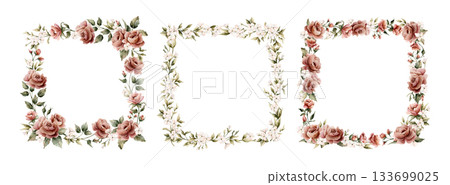 Rose flowers frames set. Dusty pink garden flowers rectangular arrangements. Watercolor hand painted floral isolated illustration for wedding design greeting card invitation cosmetic package label Rose flowers frames set. Dusty pink garden flowers rectangular arrangements. Watercolor hand painted floral isolated illustration for wedding design greeting card invitation cosmetic package label 133699025