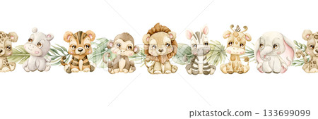 Cute Animals Plants Seamless Border. Jungle Tropical Exotic leaves Watercolor hand painted summer pastel neutral isolated illustration on white background for nursery kids baby shower safari design 133699099