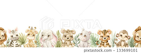 Cute Animals Plants Seamless Border. Jungle Tropical Exotic leaves Watercolor hand painted summer pastel neutral isolated illustration on white background for nursery kids baby shower safari design 133699101