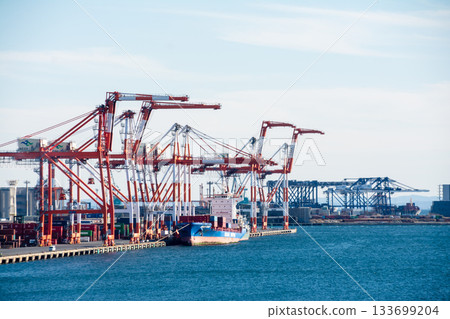 Tokyo's large cranes seen from Odaiba across Tokyo Bay 133699204